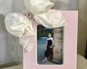 Soft Pink 5x7 Photo Frame with Ivory Jeweled Bow, baby girl frame, nursery frame, baby girl gift
