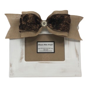 Distressed White Frame with Chocolate Rose and Burlap Pearl Bow available in 4x6, 5x7 or 8x10