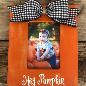 Personalized Orange Fall Frame with Black and White Check Bow for 4x6 or 5x7 Photos