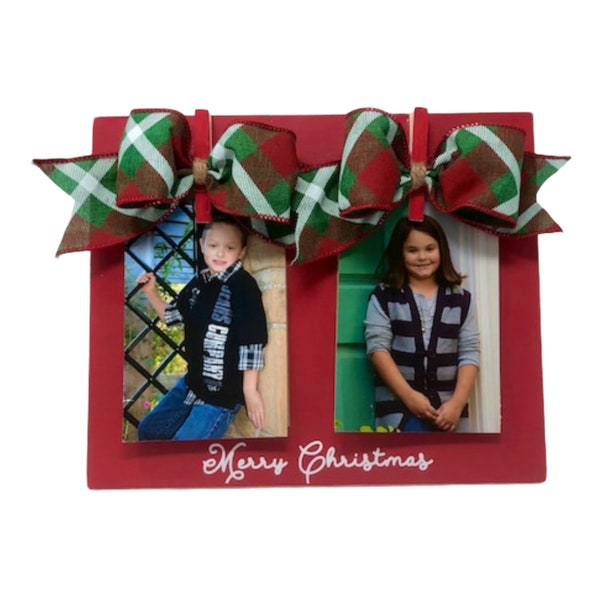 Double Personalized Christmas Clip Frame with Traditional Christmas Plaid Bows