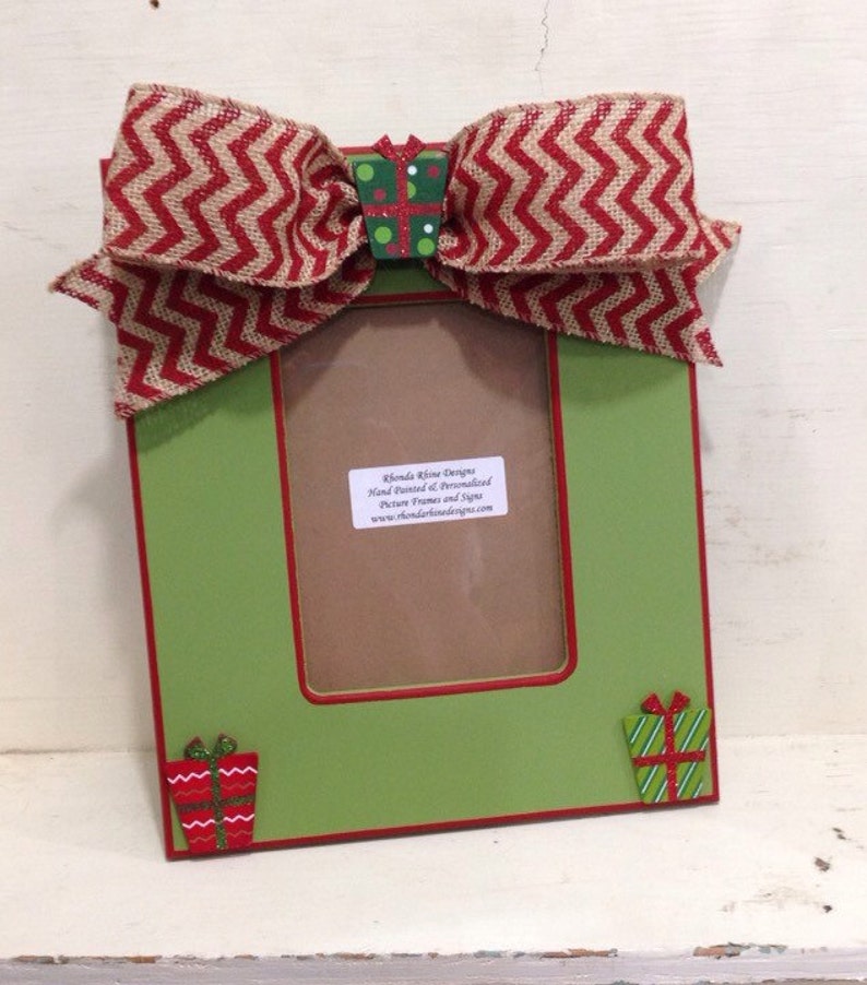 4x6 Green Christmas frame with Red Chevron Burlap Bow Free Etsy