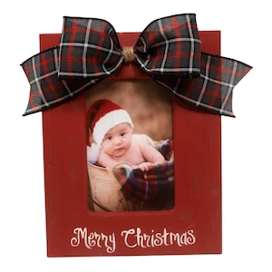 Red Merry Christmas Frame with Gray Plaid Bow Available in 4x6, 5x7 and 8x10