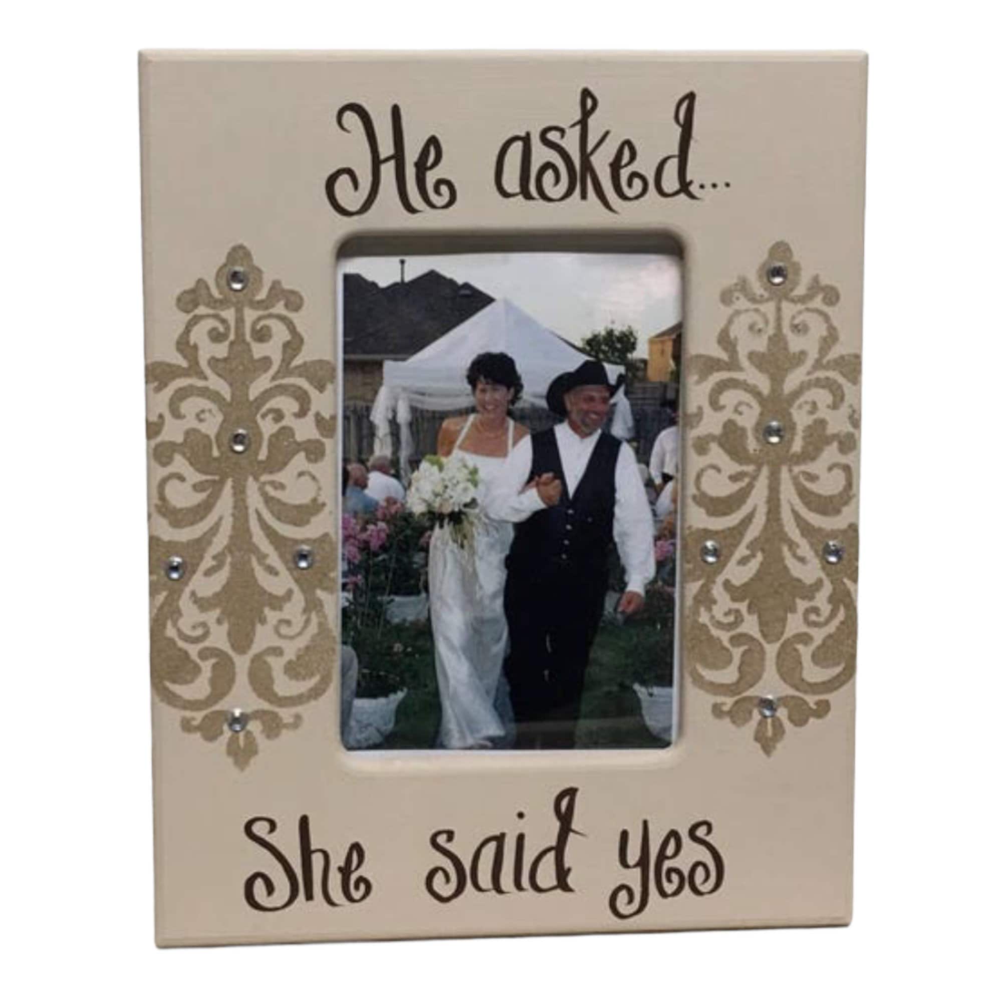 4x6 Beige and Champagne Gold Photo Frame with Burlap Jeweled Bow He asked...She said yes personalized at the bottom