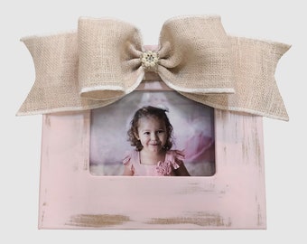 Soft Pink Distressed Frame with Creme Burlap Jeweled Bow available in 4x4, 4x6, 5x7, or 8x10