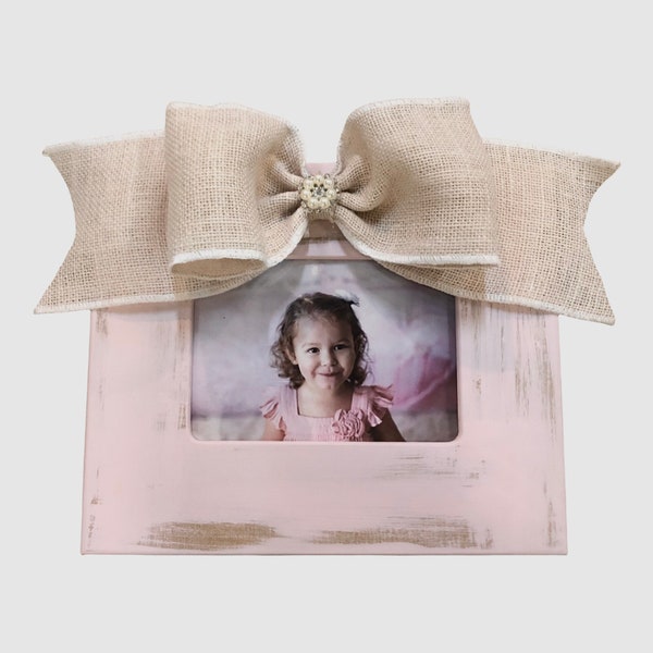 Soft Pink Distressed Frame with Creme Burlap Jeweled Bow available in 4x4, 4x6, 5x7, or 8x10