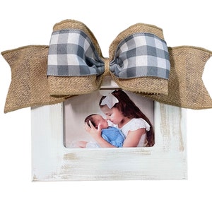 Distressed Photo Frame in white with a gray and white check burlap bow available in 4x6, 5x7 or 8x10, can be made vertical or horizontal.