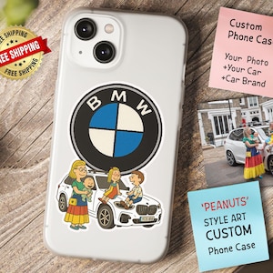 Cover per telefono BMW personalizzata con motivo cartoon, stile Peanuts con la tua foto e la tua BMW - Regalo per proprietari di BMW, amanti delle auto, regali per concessionari