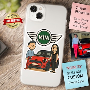 Cover per telefono Mini Cooper personalizzata con cartoni animati, stile Peanuts con la tua foto e la tua MINI - Regalo per amanti delle auto, fan della MINI, regali per concessionari