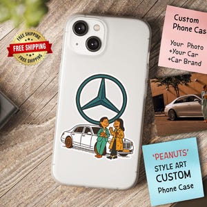Funda de teléfono personalizada con dibujos animados de Mercedes, estilo Peanuts, con tu foto y un Mercedes. Regalo para amantes de los coches, fanáticos de Benz y concesionarios.