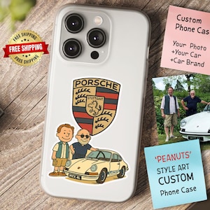 Cover per telefono Porsche personalizzata con motivo cartoon, stile Peanuts con la tua foto e Porsche - Regalo per amanti delle auto, fan Porsche, regali per concessionari