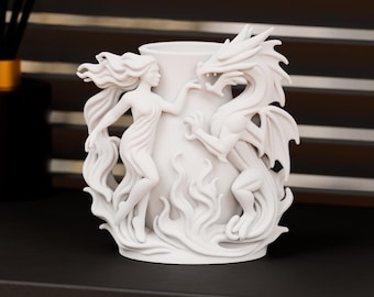 Resin Coated Dragon and Maiden Vase | Mythical Fantasy Sculpture