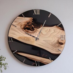 Black Resin and Timber Wall Clock, Luxury Roman Numeral Timepiece