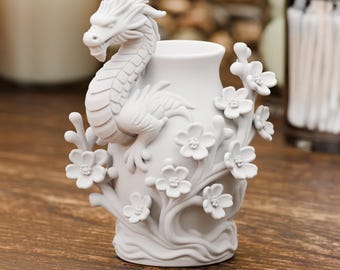 Resin Coated Dragon Vase | Gothic Floral Sculpture & Mythical Decor