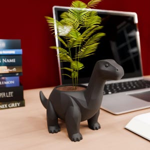 May include: A dark grey dinosaur-shaped plant pot containing a green plant. The pot is on a wooden desk with a laptop and a stack of books in the background. The dinosaur has a long neck and tail.