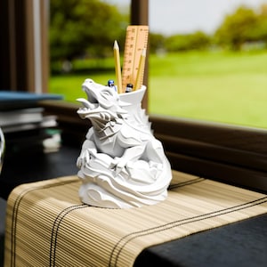 3D Printed Dragon Pen Holder | Fantasy Desk Organizer | Red Office Decor | Mythical Pencil Holder | Gamer Room Accent