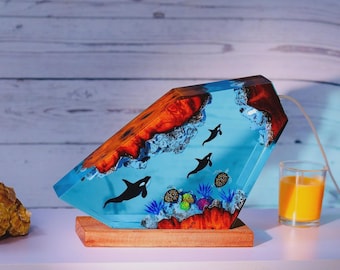 Handcrafted Orca & Sea Turtle Ocean Epoxy Resin Wood Lamp