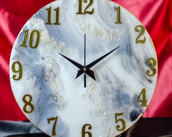 Handmade Grey Marble Resin Clock with Gold Numerals and Crystals