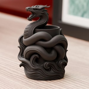 3D Printed Black Dragon Vase: Gothic Fantasy Art Decor