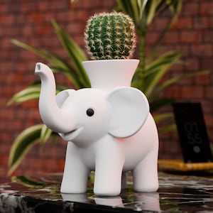 Może przedstawiać: Biała doniczka w kształcie słonia z małym zielonym kaktusem. Doniczka ma uśmiechniętą twarz i duże uszy. Kaktus jest okrągły i pokryty małymi kolcami. Doniczka stoi na czarno-białej marmurowej powierzchni.