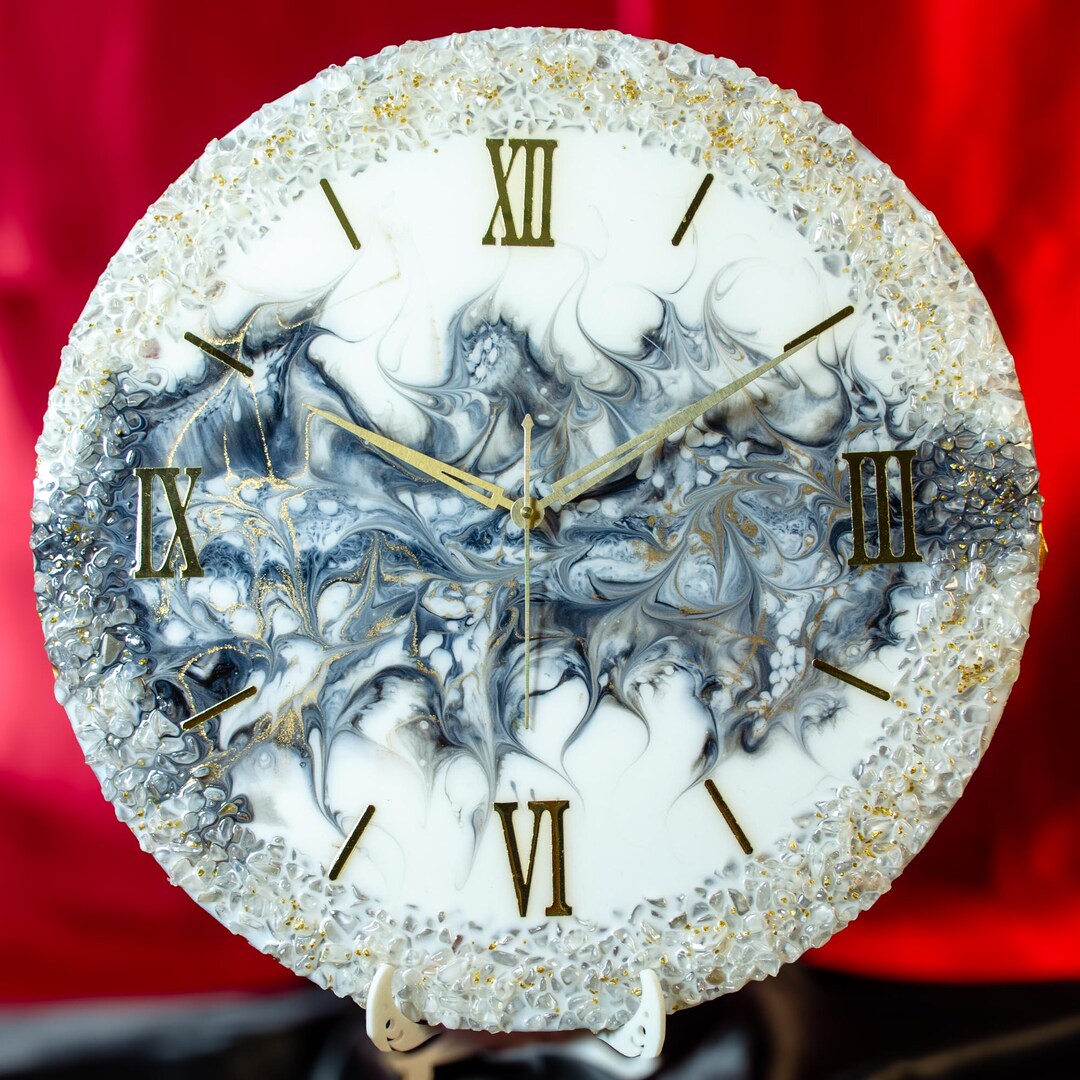 Handmade Grey and White Marble Geode Resin Clock With Crystal Border - Etsy