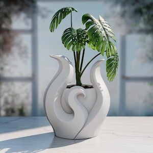 Modern Wave Sculpture Planter | Abstract Organic Plant Pot | 3D Printed Artistic Decor | Black & White