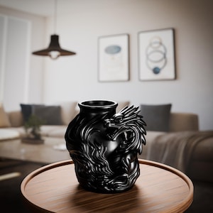 3D Printed Black Dragon Head Vase: Gothic Fantasy Decor