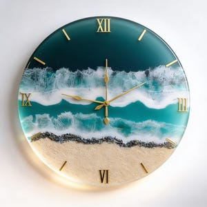 Wandklok oceaanhars, stranddecor met achtergrondverlichting, luxe turquoise zeegolfklok