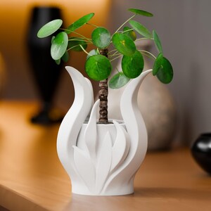 Peut inclure: Un pot décoratif blanc au design stylisé unique, contenant une petite plante verte aux feuilles rondes. Le pot a une forme incurvée et organique, et les feuilles de la plante sont d'un vert vif. L'esthétique générale est moderne et minimaliste.