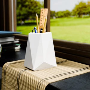 3D Printed Geometric Pen Holder: Modern Desk Organizer, Red PLA Plastic