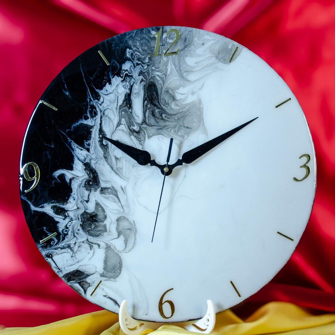 Handmade Black and White Marble Resin Clock With Gold Details - Etsy