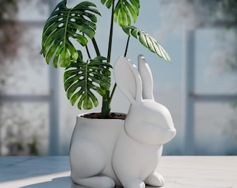 Charming Rabbit Planter | Cute Bunny Plant Pot | 3D Printed Animal Decor | Black & White