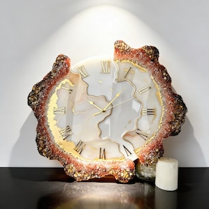 Orologio da parete in geode beige, orologio in resina a 3 pezzi, orologio di lusso in agata color terra.