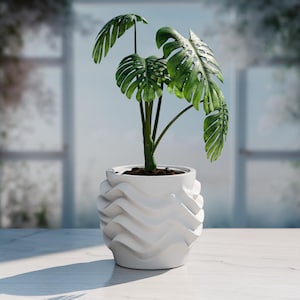Modern Ripple Planter | Wavy Textured Plant Pot | 3D Printed Contemporary Decor | Black & White