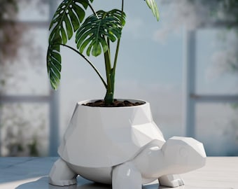 Geometric Turtle Planter | Modern Faceted Tortoise Pot | 3D Printed Animal Decor | Black & White