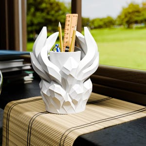 3D Printed Flame Pen Holder: Geometric Desk Organizer - 6 Colors