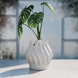 Modern Wave Planter | Abstract Undulating Plant Pot | 3D Printed Sculptural Decor | Black & White