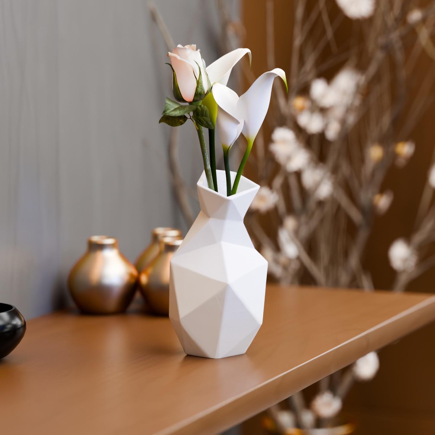 樹脂コーティングされた幾何学模様の花瓶｜モダンなファセット彫刻装飾