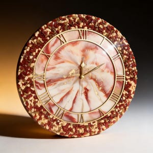 May include: A round wall clock featuring a central face with swirling cream and deep red resin patterns accented by gold leaf. The outer border is encrusted with small, irregular red and beige stone fragments. It has gold Roman numeral markers.