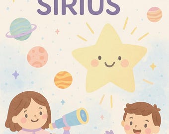 Może przedstawiać: Kolorowa ilustracja dla dzieci o kosmosie. Obraz zawiera tekst "My First Space Adventure" i "Learn about SIRIUS". Zawiera uśmiechniętą gwiazdę, planety, rakietę i dwoje dzieci z kreskówek.