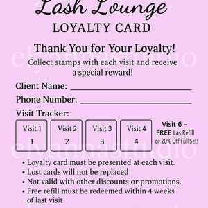 編集可能なLash Loungeロイヤルティカードテンプレート – 印刷可能なLashクライアントリワードカード – まつげエクステサロンマーケティング – すぐにダウンロード