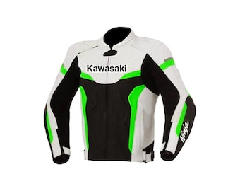 Chaqueta de cuero para moto Kawasaki Ninja: Chaqueta de motociclista verde y negra