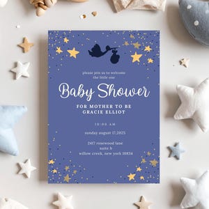 Twinkle Twinkle Little Star Babyparty einladen | Himmlischer Mond und Sterne Thema | Gold & Blau einladen | Bearbeitbare digitale Einladungsvorlage