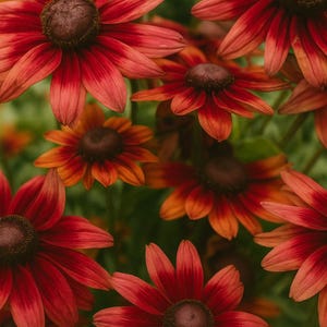 May include: Close-up of vibrant red and orange coneflowers with dark brown centers. The petals display a gradient of colors, creating a striking visual contrast against the green foliage. The flowers are in full bloom, showcasing their intricate details.