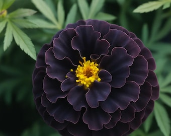 May include: A close-up of a dark purple marigold flower with ruffled petals and a bright yellow center. The flower is surrounded by green leaves, creating a natural and vibrant contrast. The marigold is in full bloom.