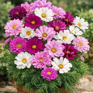 May include: A terracotta pot overflowing with a vibrant mix of cosmos flowers. The blooms showcase a spectrum of colors, including white, pink, and deep magenta, each with a yellow center. The flowers are surrounded by lush green foliage.