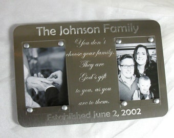 Engraved Metal Double Picture Frame: Custom Family Quote, 5x7 Photos