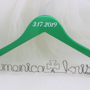 St. Patrick&#39;s Day Wedding Dress Hanger, Bridal Hanger, Kelly Green, Shamrock Green Wedding Color, St. Pats Clover, Themed Wedding