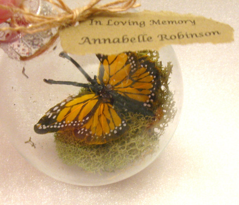 Butterfly Memorial Christmas Ornament Monarch Captive Inside Clear Glass Ornament, In Memory of Personalization note image 2