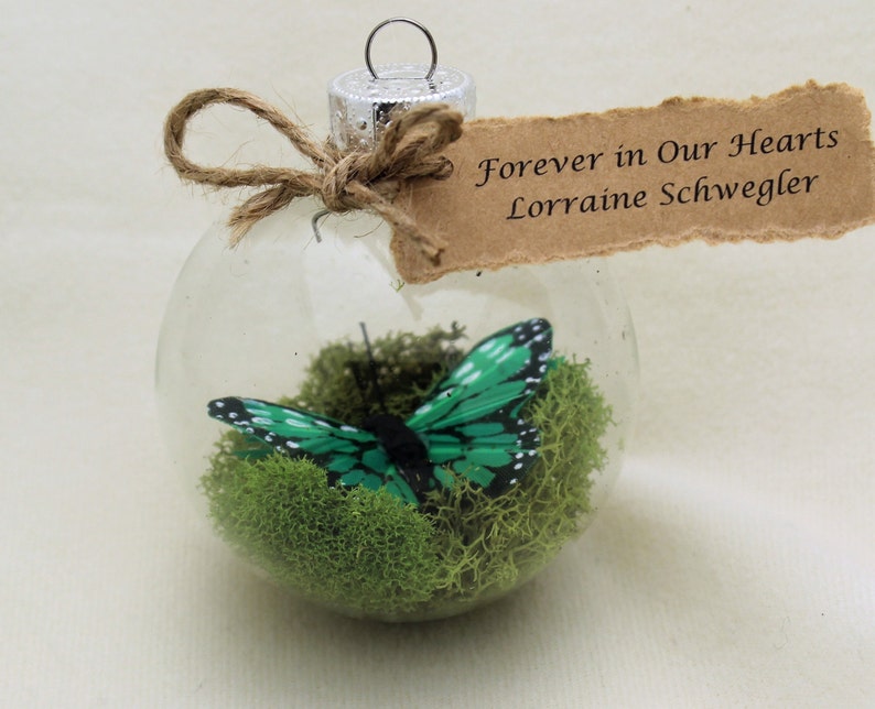 Butterfly Memorial Christmas Ornament Monarch Captive Inside Clear Glass Ornament, In Memory of Personalization note image 4