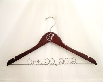 Personalized Wedding Dress Hanger: Dark Walnut Wood, Wire Name & Monogram